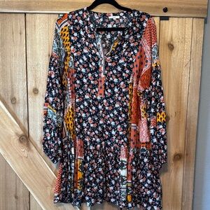 Easel Multicolor Patchwork Long Sleeve Dress